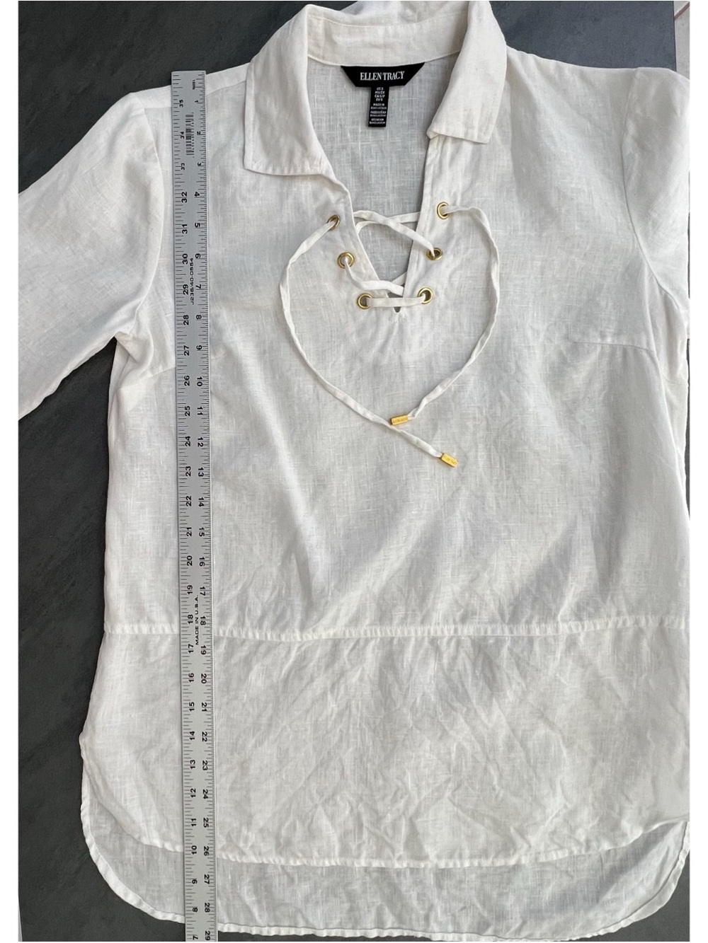 Ellen Tracy White 100 Linen Lace Up V Neck Collared Blouse Top Womens Size Small - Picture 11 of 11
